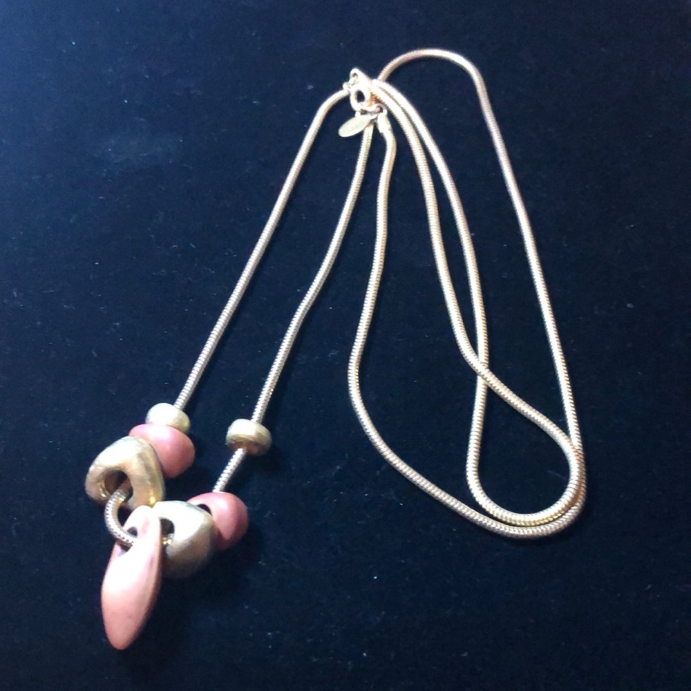 Long gold tone necklace with brushed gold and rust colored pendants attached.